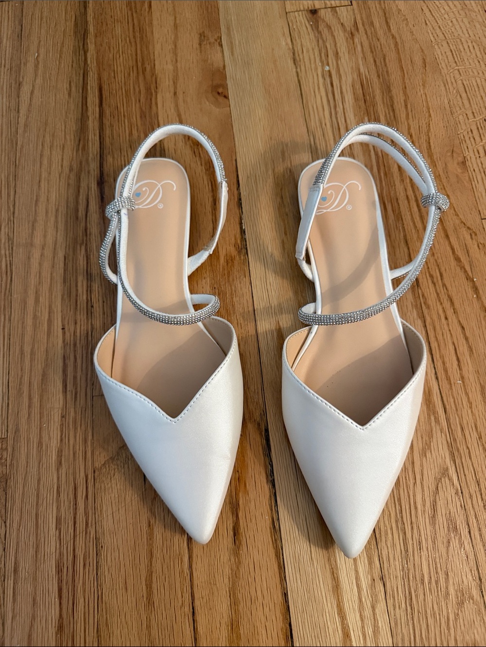 Women's White Pointed Slingback Flats with Rhinestone Strap